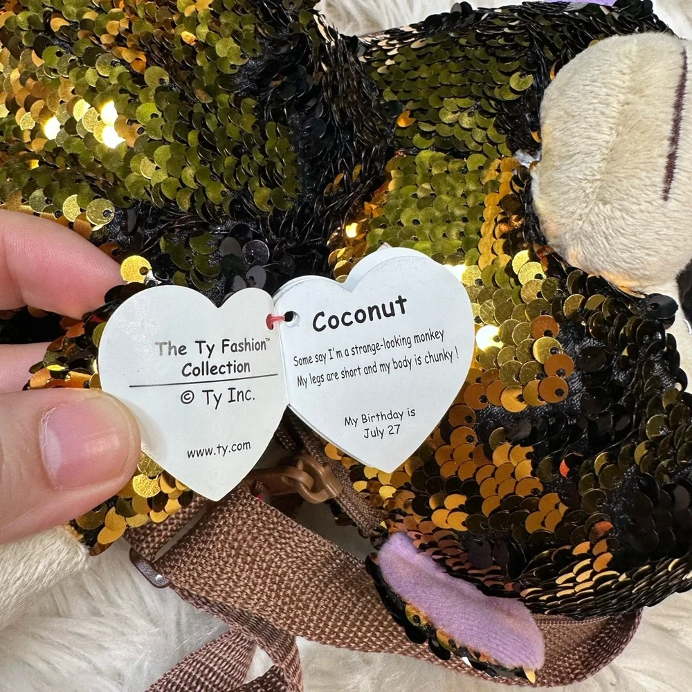 Ty Gold and Brown Sequin Monkey coconut Plush‎ back pack nwt collectible